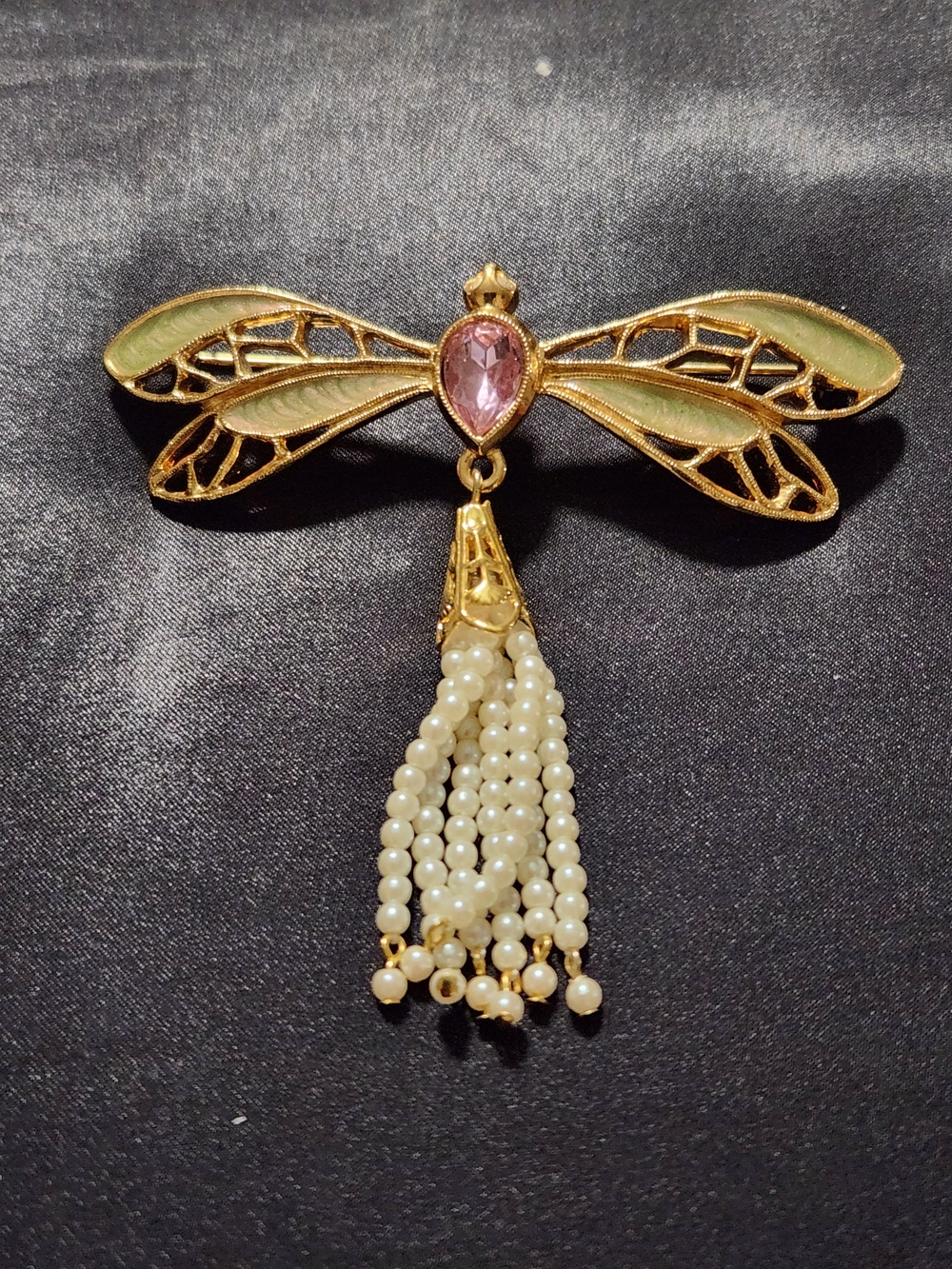 Avon HTF Gold-Tone Dragonfly Brooch with Green Enamel, Pink Gem & Pearl Tassel